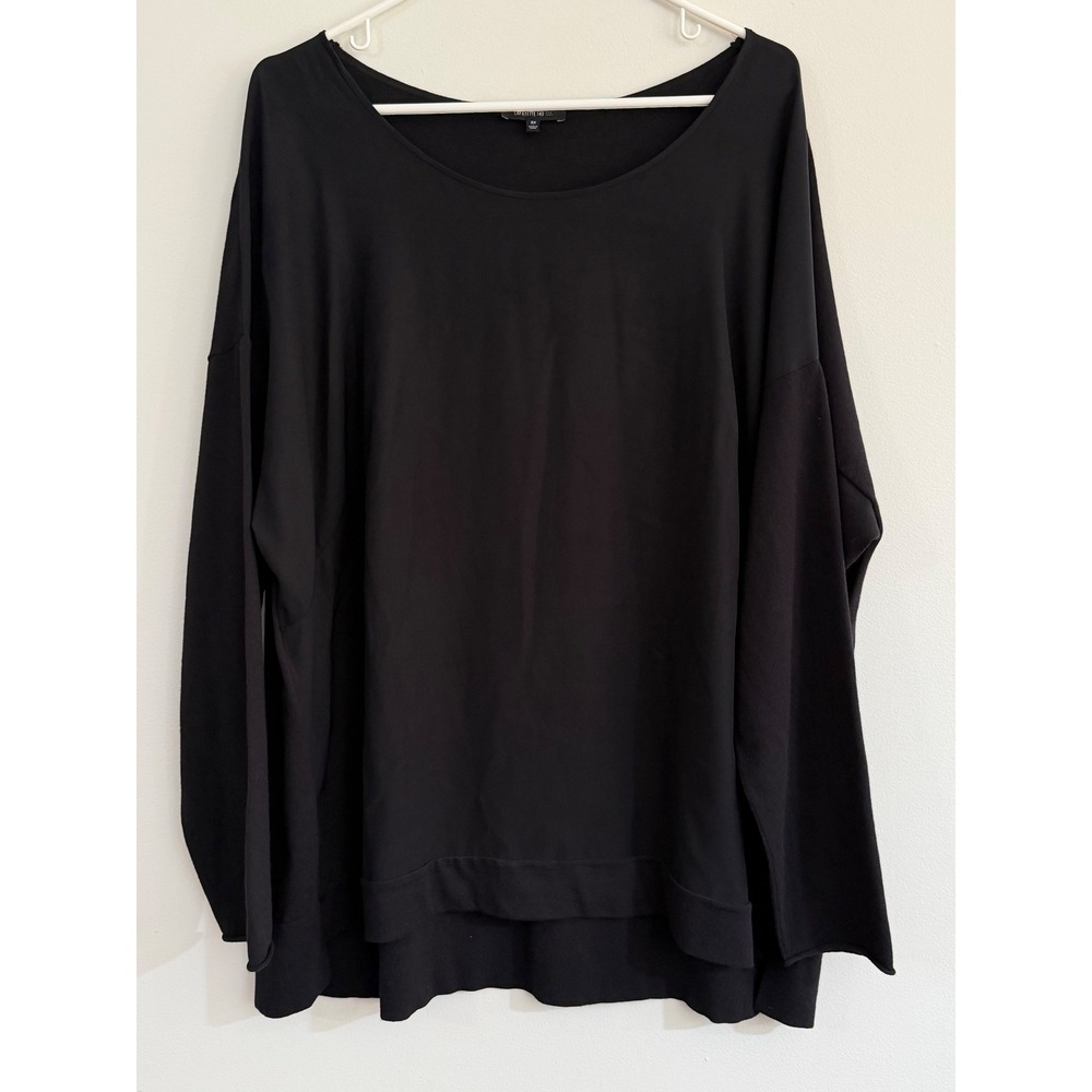 Lafayette 148 New York Black Silk Front Mixed Media Relaxed Fit Top 2X Boat Neck